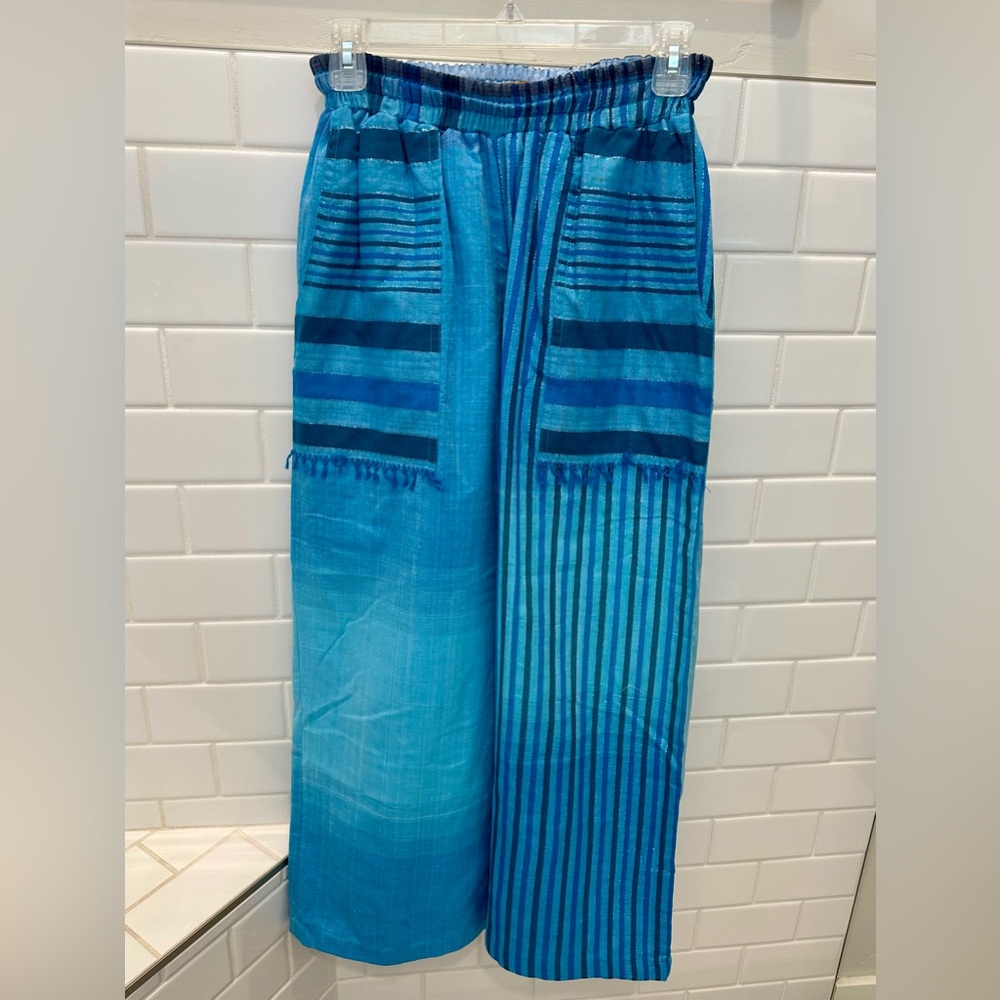 Aliya Blue Upcycled Handloom Multi-Pattern Wide Leg Pants